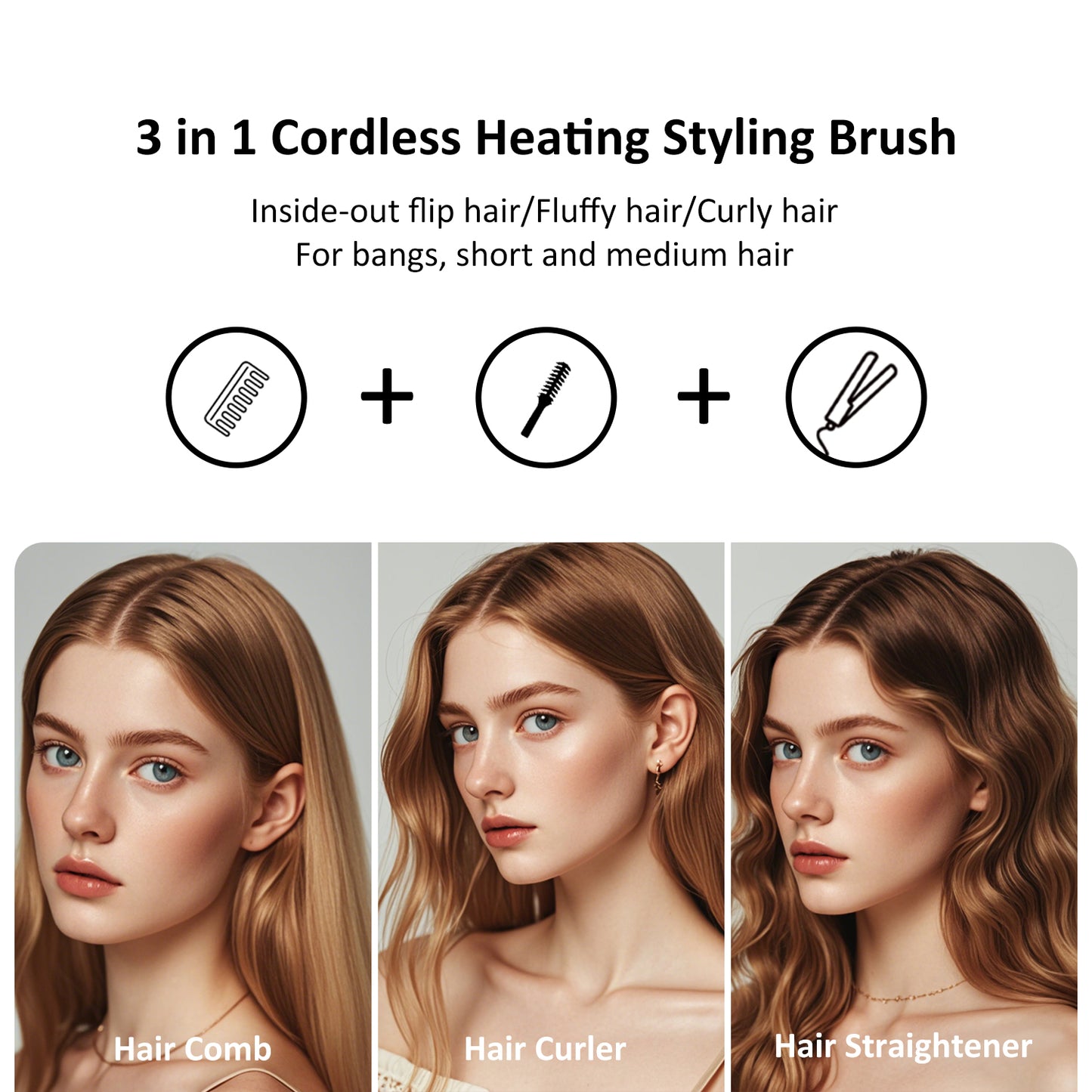 Leeko Cordless Heated Hair Curling Brush, 3 in 1 Hot Hair Brush 40mm, Portable Heated Hair Curler and Straightener Brush with 4 Temperatures,7000 mAh USB Rechargeable Cordelss Hair Curler (Blue)