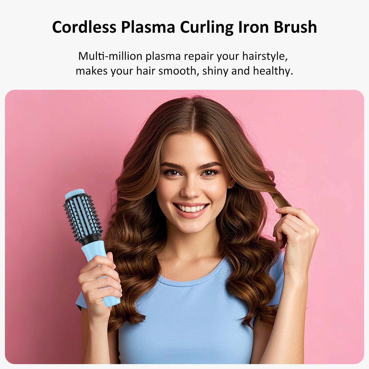 Leeko Cordless Heated Hair Curling Brush, 3 in 1 Hot Hair Brush 40mm, Portable Heated Hair Curler and Straightener Brush with 4 Temperatures,7000 mAh USB Rechargeable Cordelss Hair Curler (Blue)