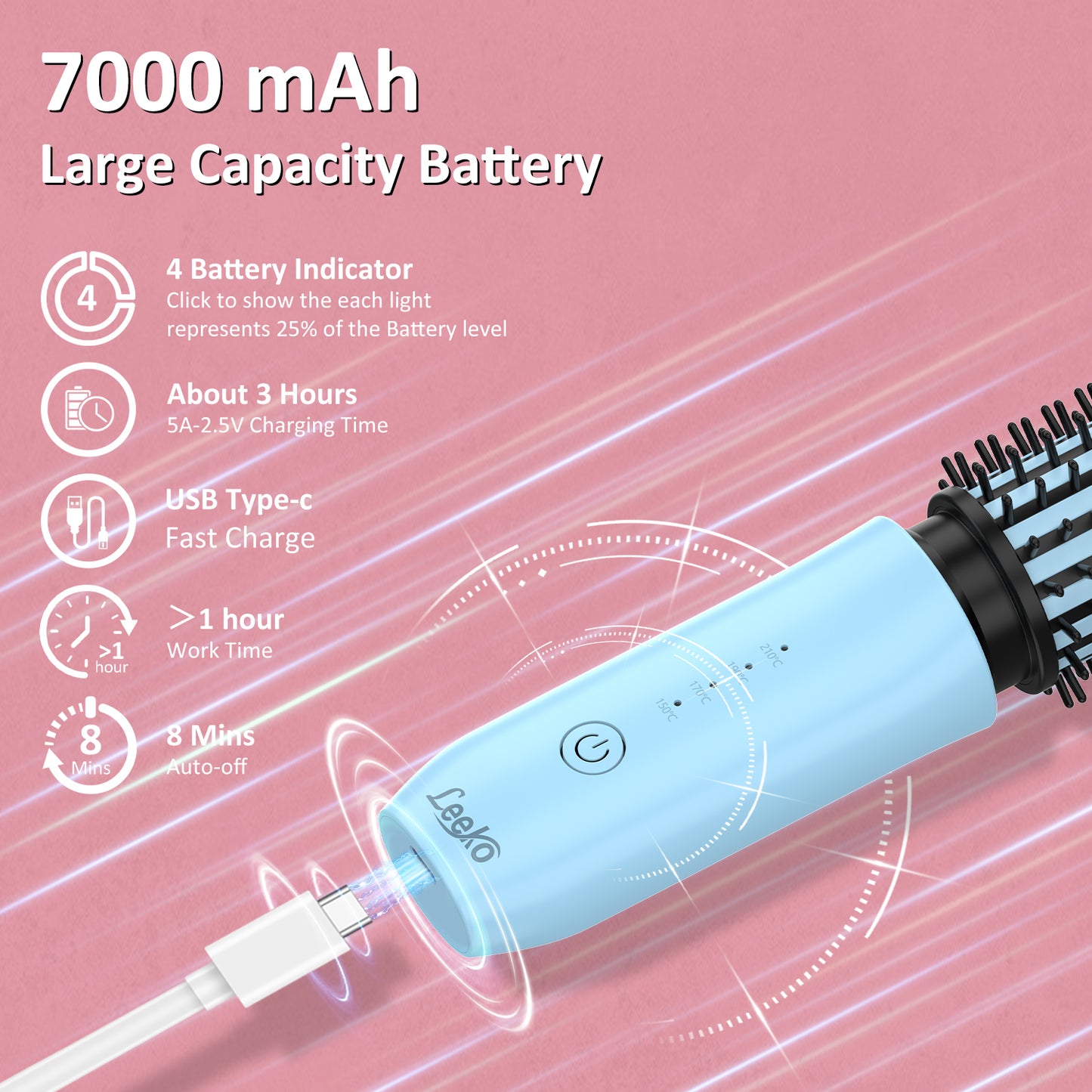 Leeko Cordless Heated Hair Curling Brush, 3 in 1 Hot Hair Brush 40mm, Portable Heated Hair Curler and Straightener Brush with 4 Temperatures,7000 mAh USB Rechargeable Cordelss Hair Curler (Blue)