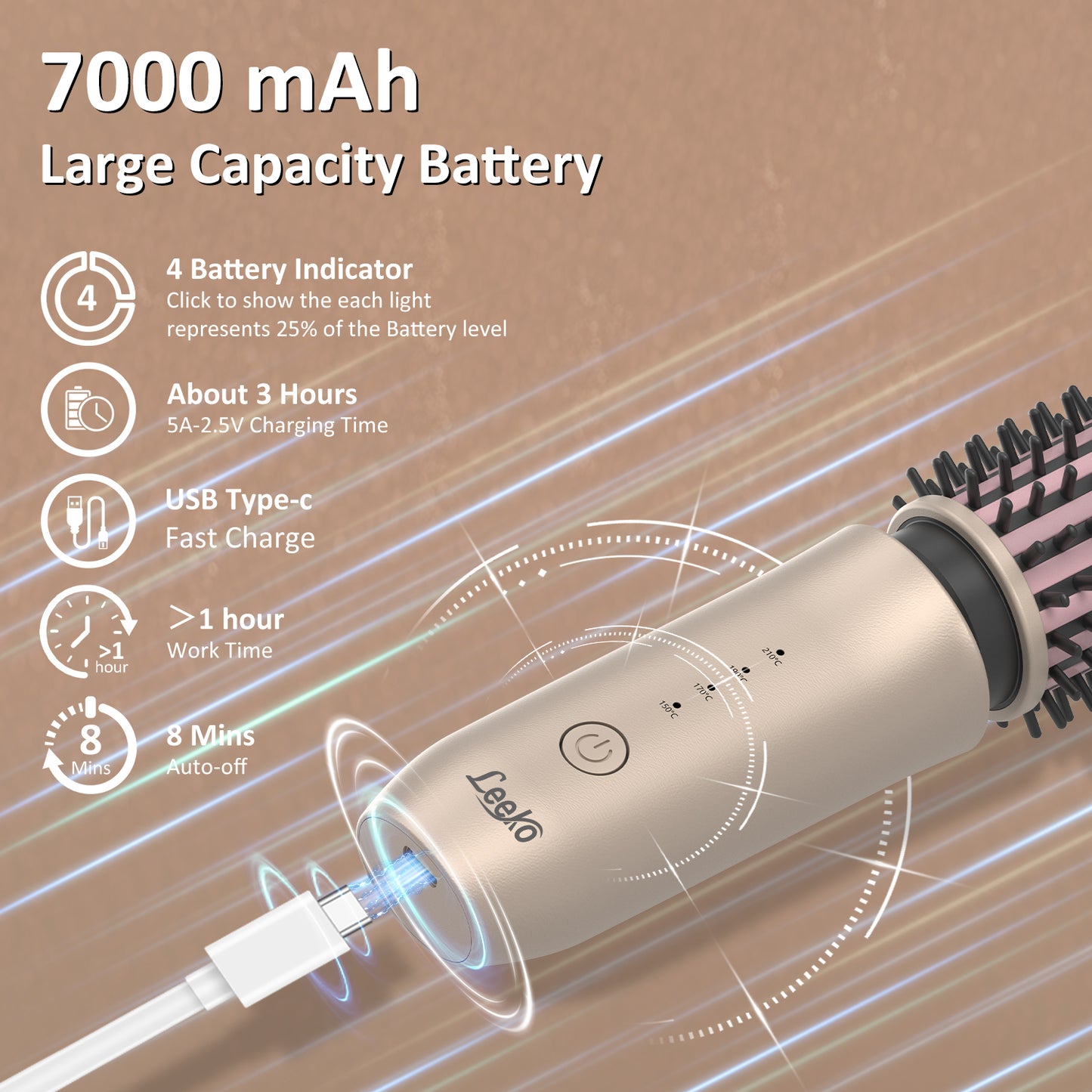 Leeko Cordless Heated Hair Curling Brush, 3 in 1 Hot Hair Brush 40mm, Portable Heated Hair Curler and Straightener Brush with 4 Temperatures,7000 mAh USB Rechargeable Cordelss Hair Curler (Gold)
