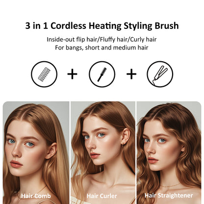Leeko Cordless Heated Hair Curling Brush, 3 in 1 Hot Hair Brush 40mm, Portable Heated Hair Curler and Straightener Brush with 4 Temperatures,7000 mAh USB Rechargeable Cordelss Hair Curler (Blue)